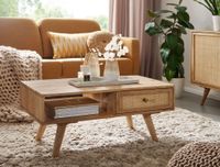 Couchtisch FineBuy Sofatisch 90 cm Massivholz Rattan Wohnzimmertisch Schublade – Ansicht 2