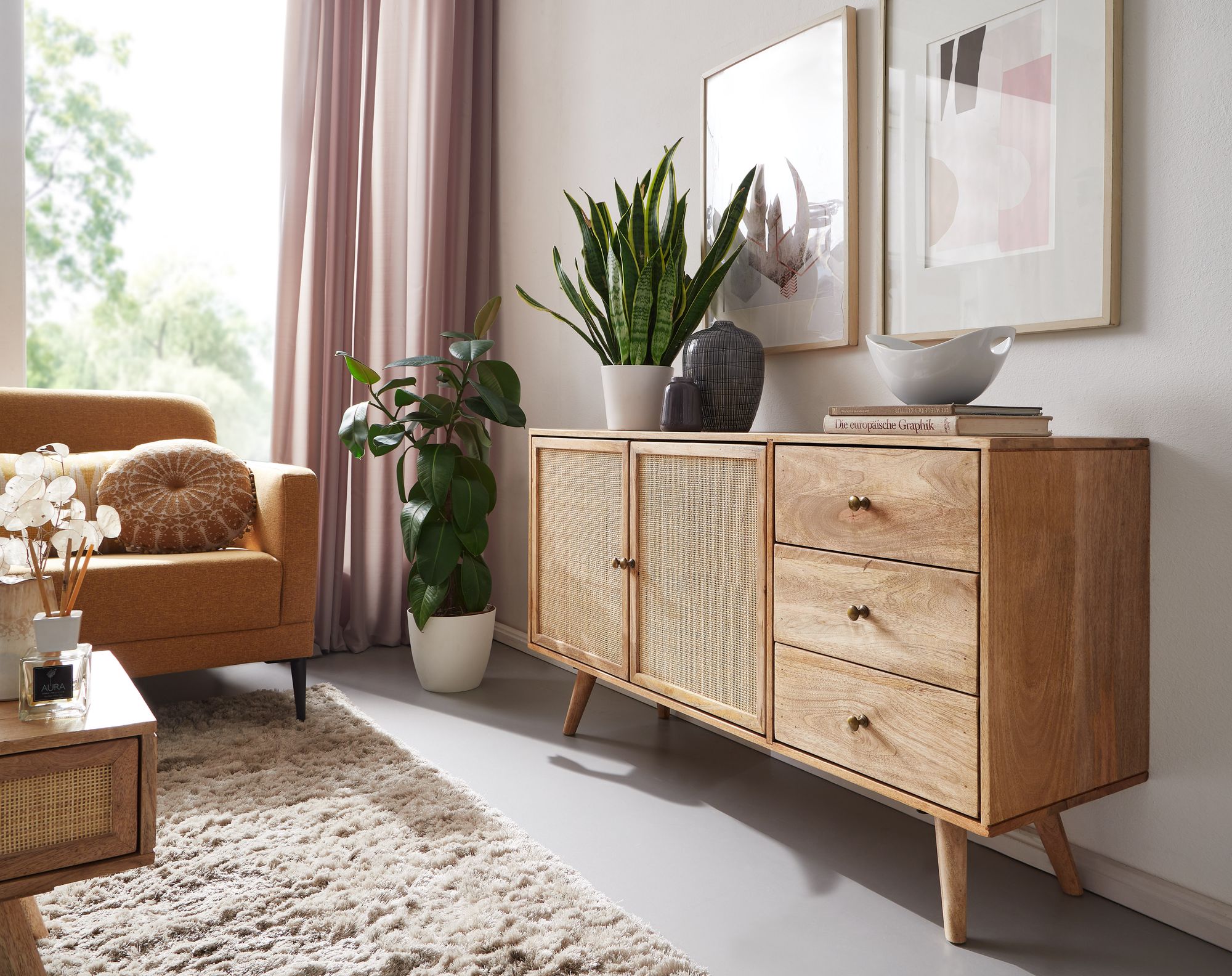 Massivholz Sideboard 140cm Mango Design Kommode mit 3 Rattan Schubladen Wiener Geflecht & 2 Türen – Ansicht 4