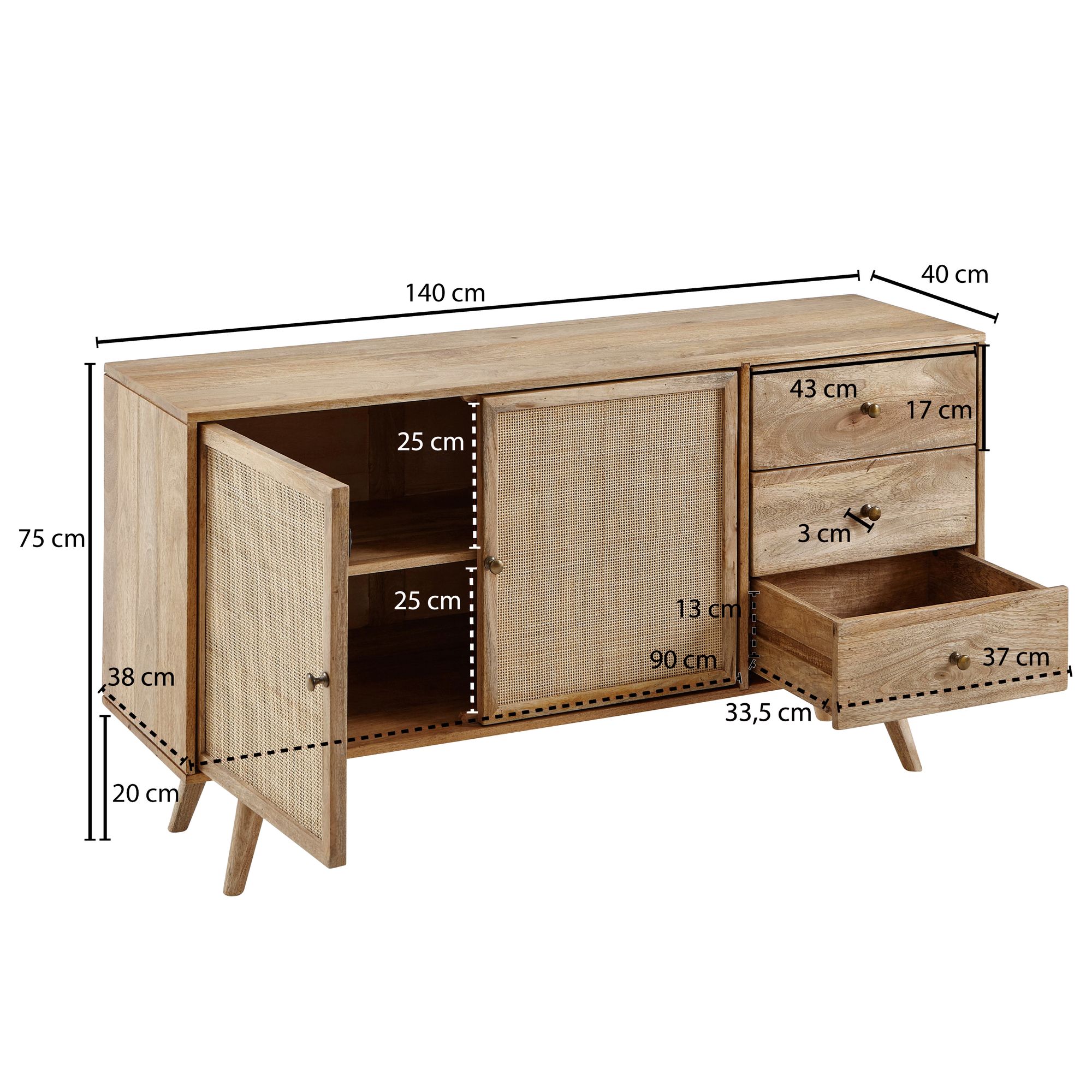 Massivholz Sideboard 140cm Mango Design Kommode mit 3 Rattan Schubladen Wiener Geflecht & 2 Türen – Ansicht 3