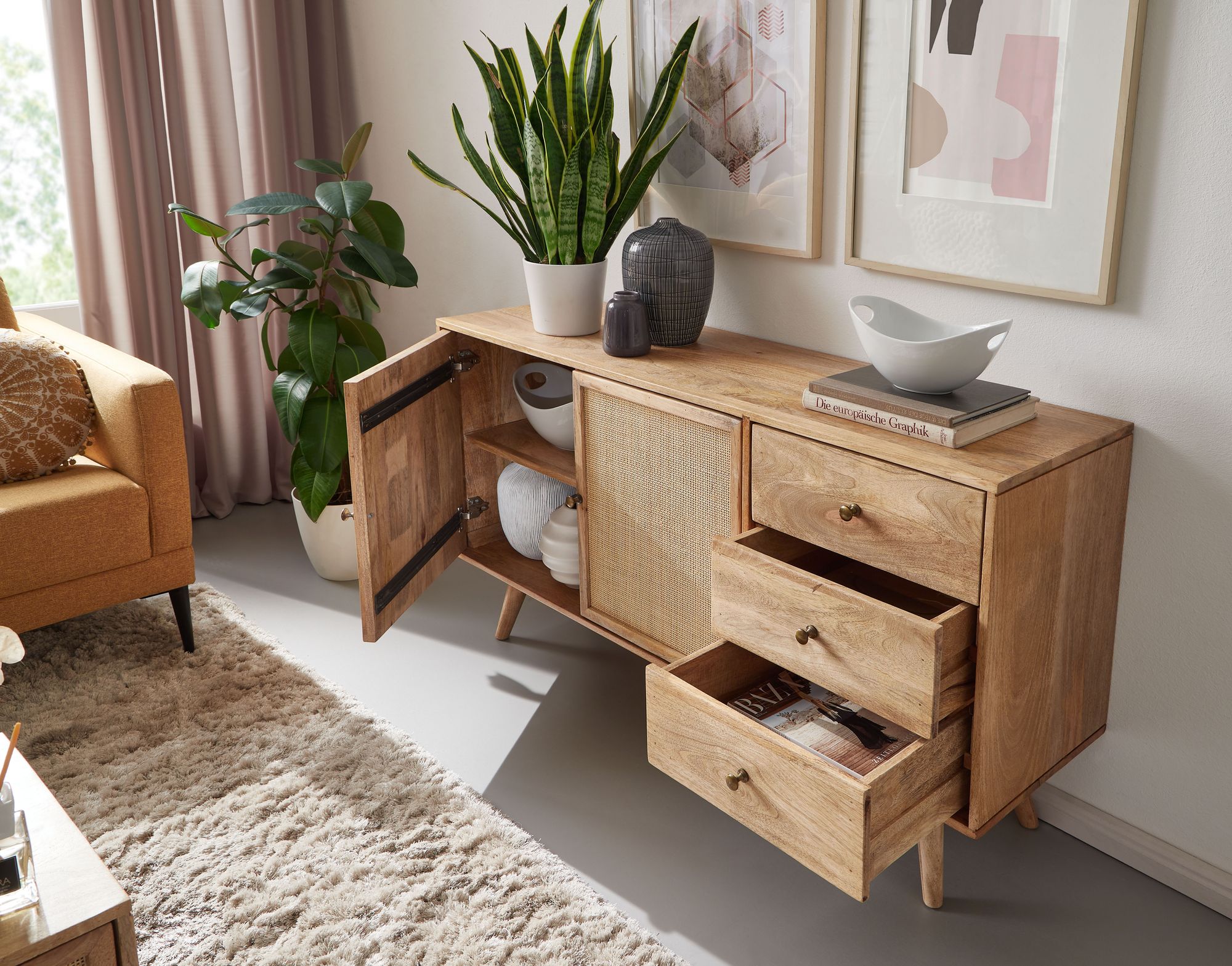 Massivholz Sideboard 140cm Mango Design Kommode mit 3 Rattan Schubladen Wiener Geflecht & 2 Türen – Ansicht 2