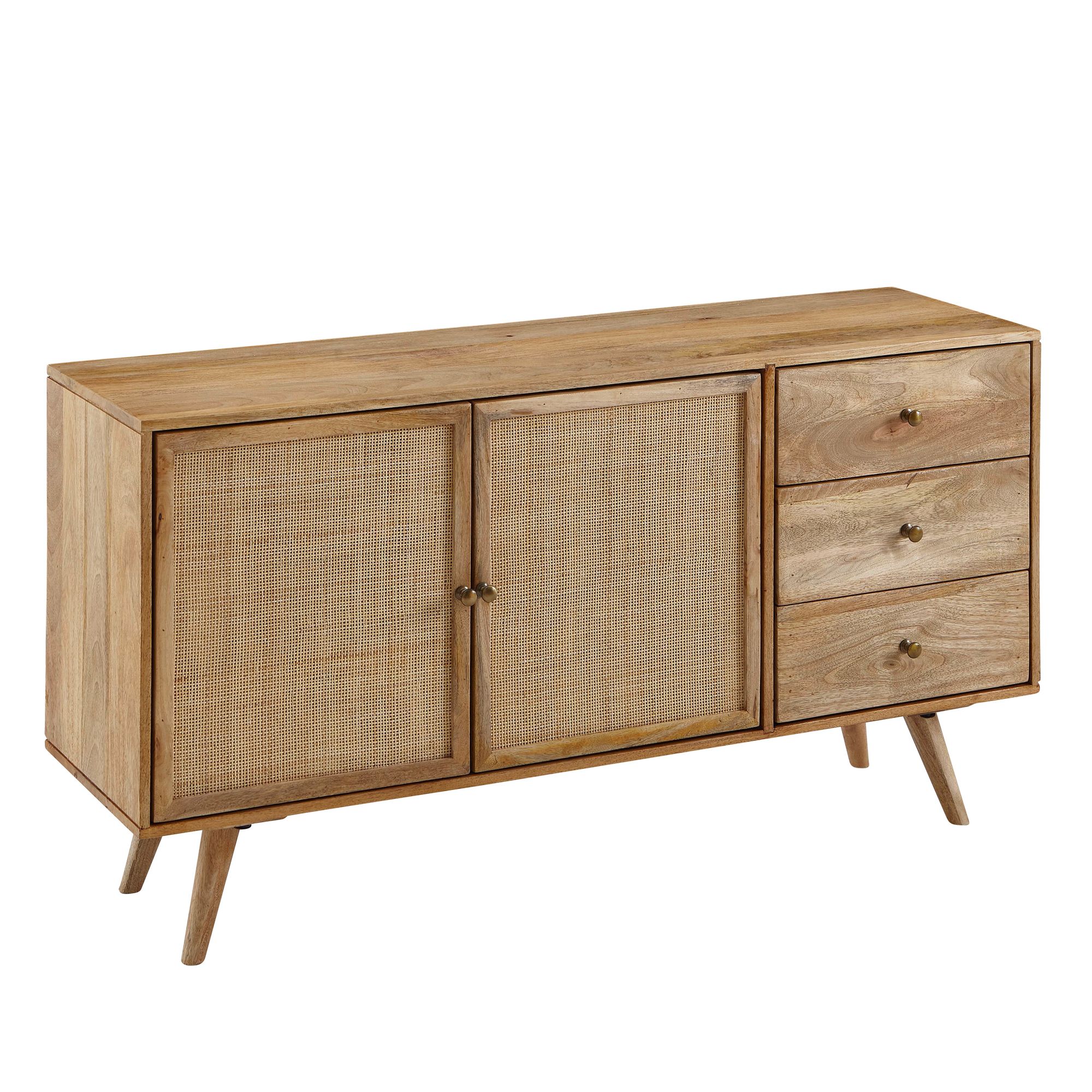 Massivholz Sideboard 140cm Mango Design Kommode mit 3 Rattan Schubladen Wiener Geflecht & 2 Türen – Ansicht 6