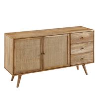 Massivholz Sideboard 140cm Mango Design Kommode mit 3 Rattan Schubladen Wiener Geflecht & 2 Türen – Ansicht 1