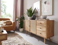 Massivholz Sideboard 140cm Mango Design Kommode mit 3 Rattan Schubladen Wiener Geflecht & 2 Türen – Ansicht 4