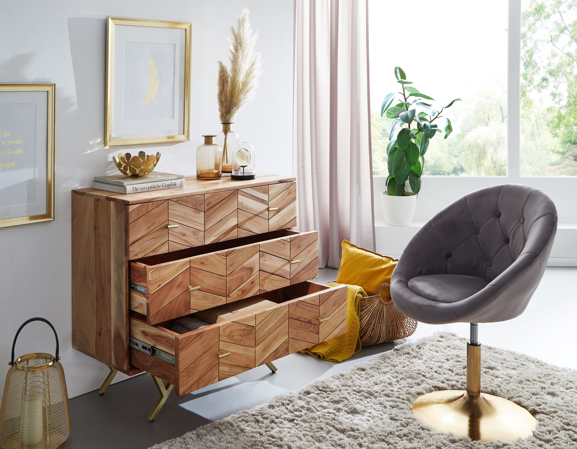 Massivholz Schubladenkommode 90cm Akazie Natur Kommode mit 3 Schubladen Sideboard Metall gold – Ansicht 2
