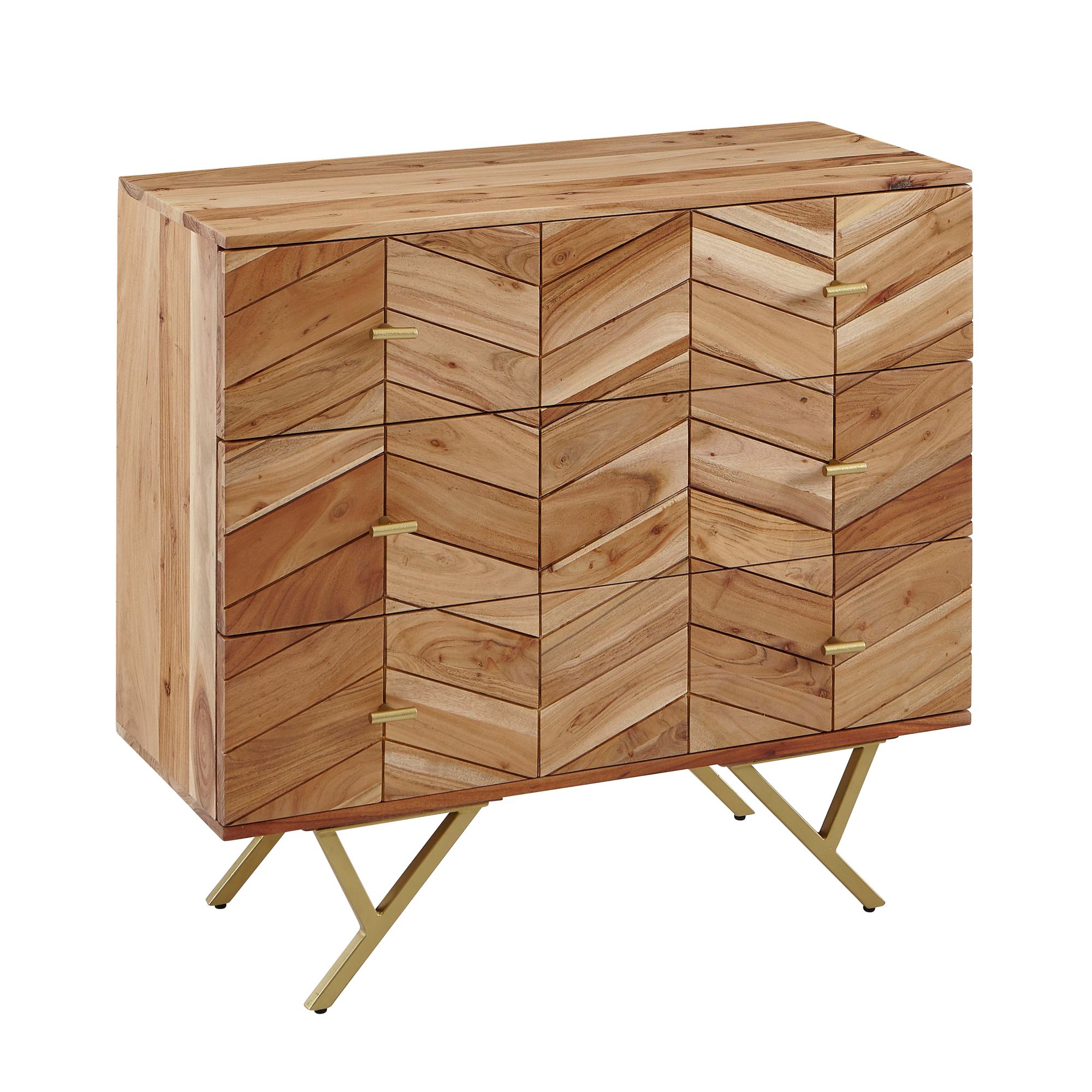 Massivholz Schubladenkommode 90cm Akazie Natur Kommode mit 3 Schubladen Sideboard Metall gold – Ansicht 6