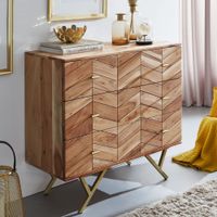 Massivholz Schubladenkommode 90cm Akazie Natur Kommode mit 3 Schubladen Sideboard Metall gold – Ansicht 1