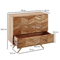Massivholz Schubladenkommode 90cm Akazie Natur Kommode mit 3 Schubladen Sideboard Metall gold – Ansicht 3