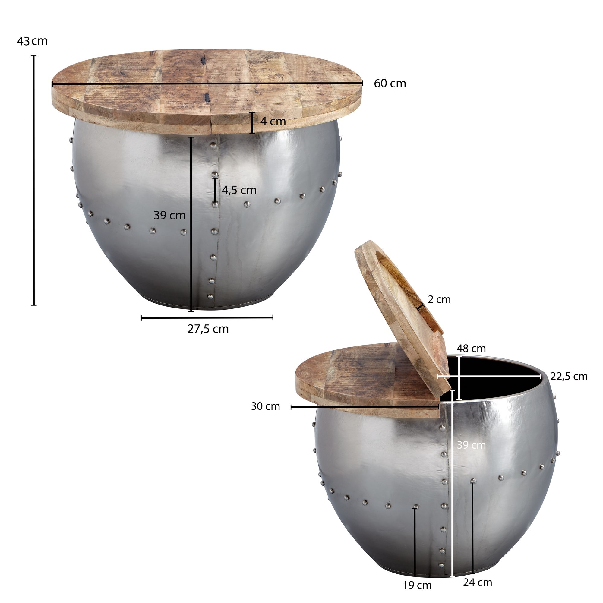 FineBuy Couchtisch Mango Massivholz / Metall 60x43x60 cm Industrial Style Rund, Design Wohnzimmertisch mit Stauraum, Moderner Loungetisch Sofatisch | Farbe: Silber FineBuy Couchtisch Mango Massivholz / Metall 60x43x60 cm Industrial Style Rund, Design Wohnzimmertisch mit Stauraum, Moderner Loungetisch Sofatisch | Farbe: Silber