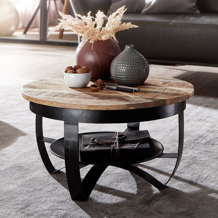 FineBuy Couchtisch 60x34x60 cm Mango Massivholz / Metall Industrial Schwarz Rund, Sofatisch Wohnzimmertisch Massiv, Kleiner Tisch Salontisch Wohnzimmer 4251757702631
