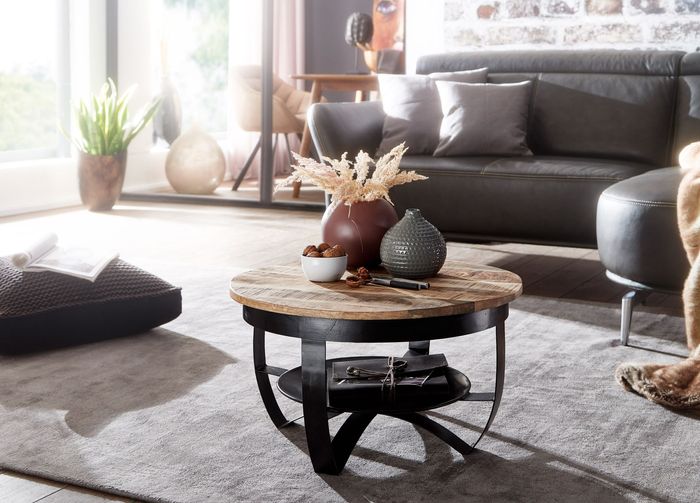 FineBuy Couchtisch 60x34x60 cm Mango Massivholz / Metall Industrial Schwarz Rund, Sofatisch Wohnzimmertisch Massiv, Kleiner Tisch Salontisch Wohnzimmer 4251757702631