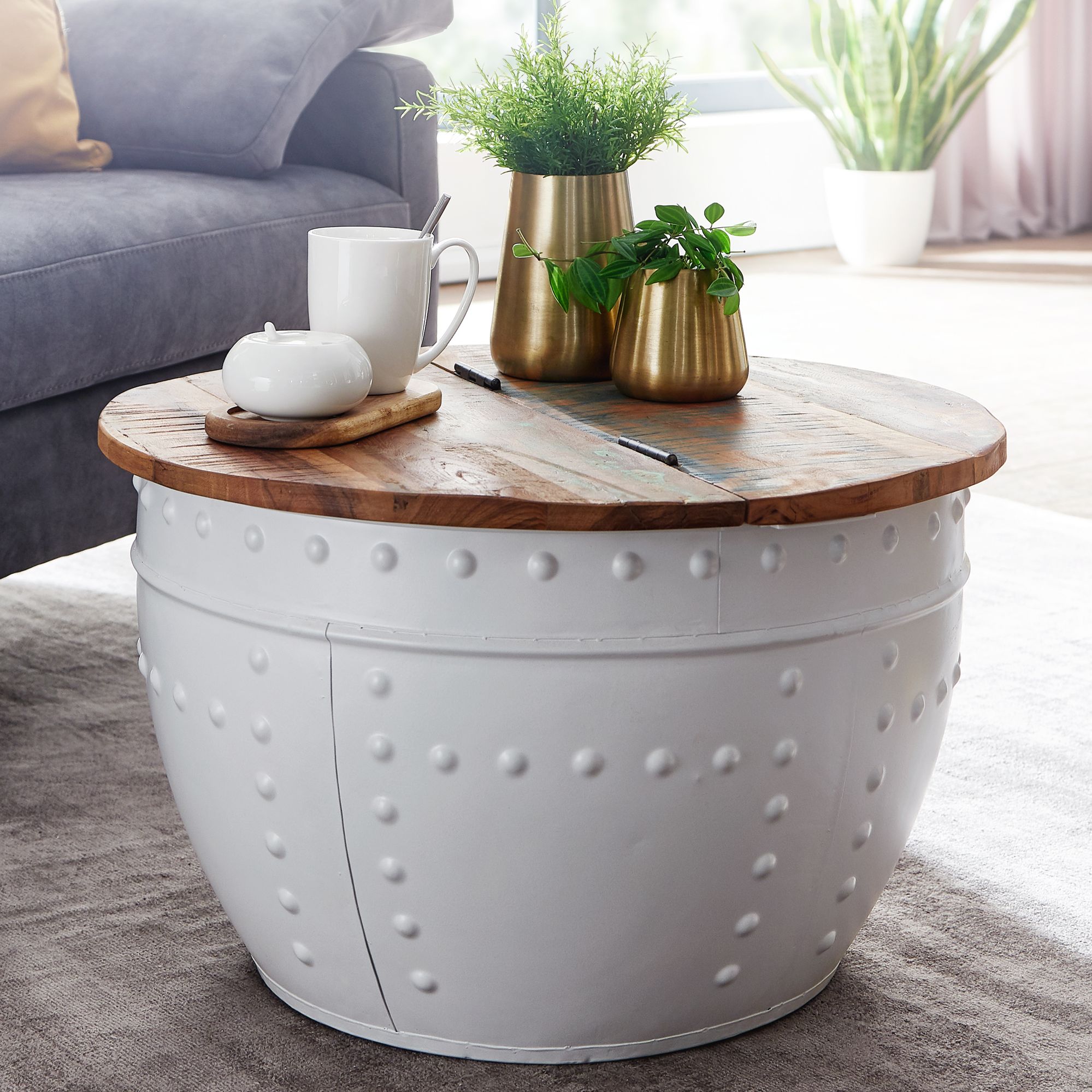 FineBuy Couchtisch Mango Massivholz Ø60cm Wohnzimmertisch Sofatisch Stauraum – Ansicht 1