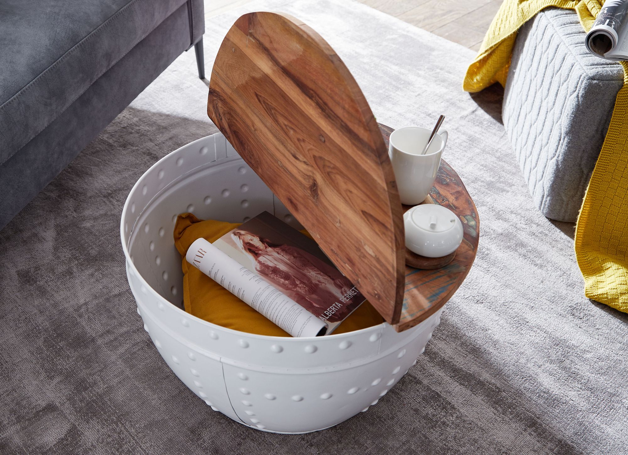FineBuy Couchtisch Mango Massivholz Ø60cm Wohnzimmertisch Sofatisch Stauraum – Ansicht 5