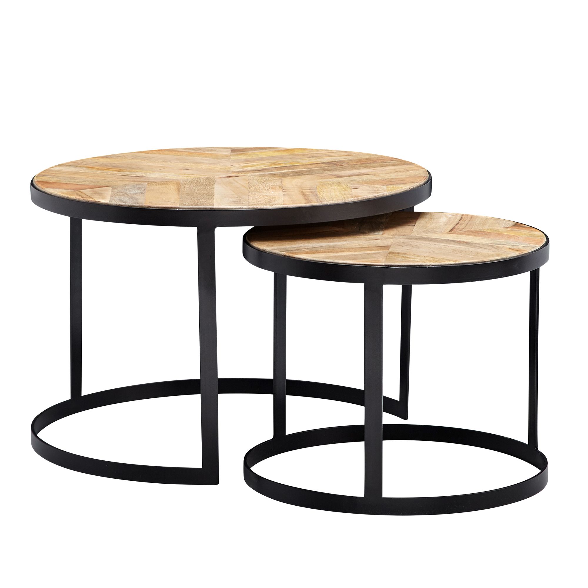 FineBuy Couchtisch 2er Set Massivholz / Metall Wohnzimmertisch Industrial Rund, Beistelltisch mit Metallbeine Schwarz, Tischset 2-teilig Satztisch Holz | Farbe: Braun