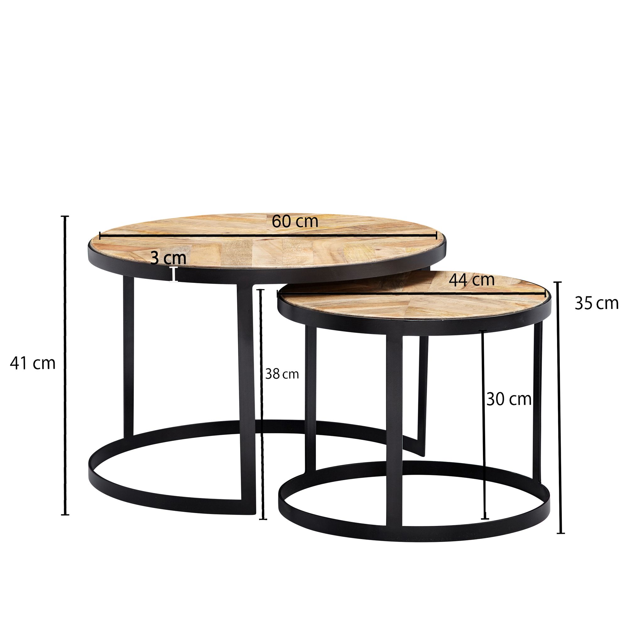 FineBuy Couchtisch 2er Set Massivholz / Metall Wohnzimmertisch Industrial Rund, Beistelltisch mit Metallbeine Schwarz, Tischset 2-teilig Satztisch Holz | Farbe: Braun