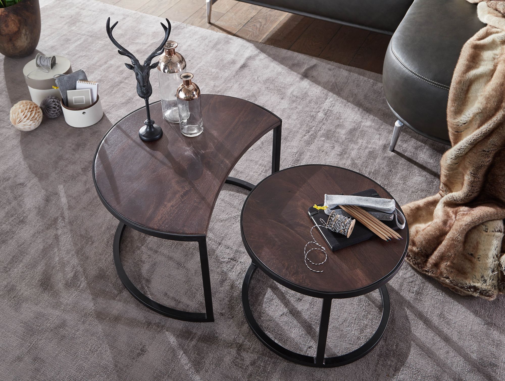 FineBuy Couchtisch Massivholz Wohnzimmertisch 2 teilig Rund Beistelltisch Set – Ansicht 5