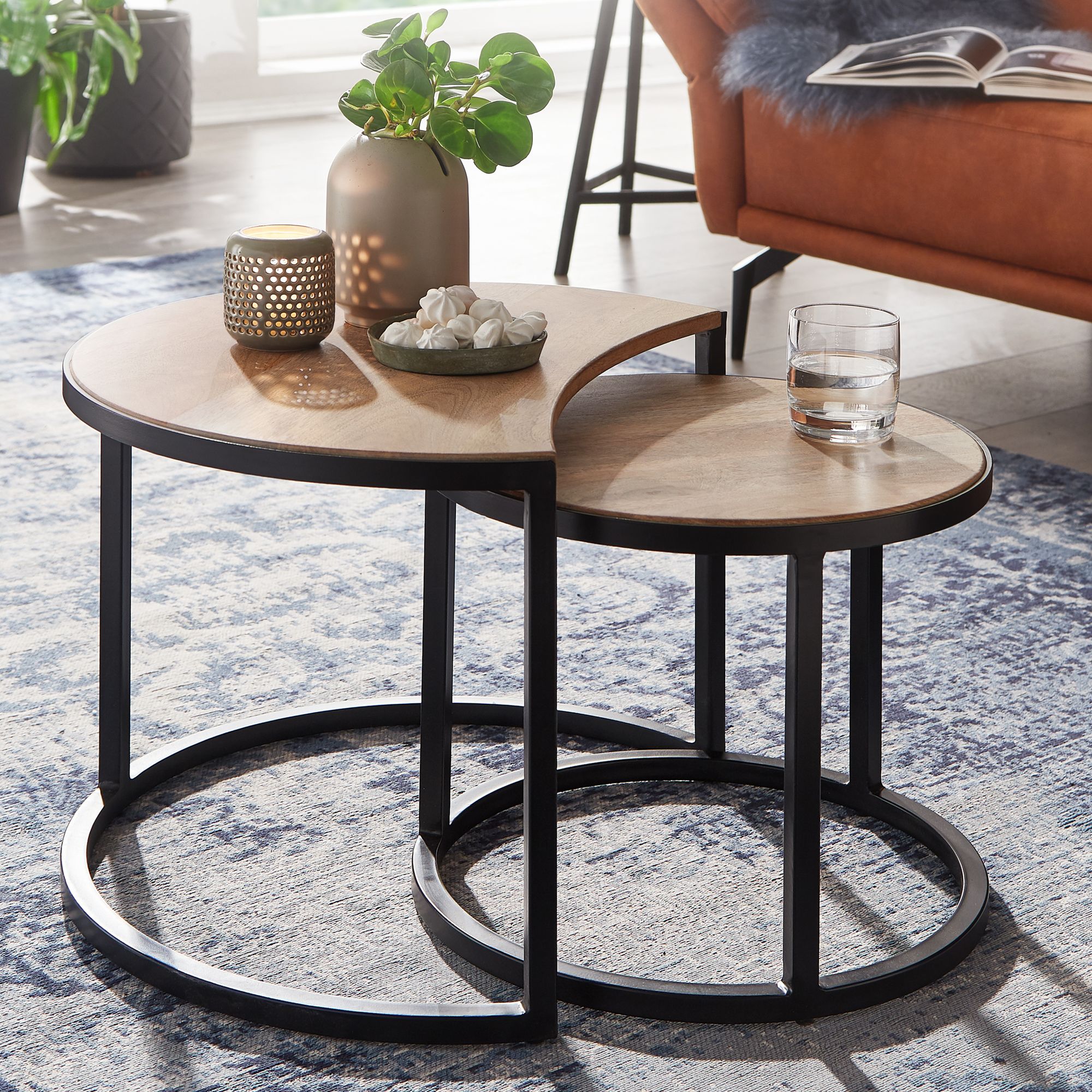 FineBuy Couchtisch Massivholz Wohnzimmertisch 2 teilig Rund Beistelltisch Set – Ansicht 1