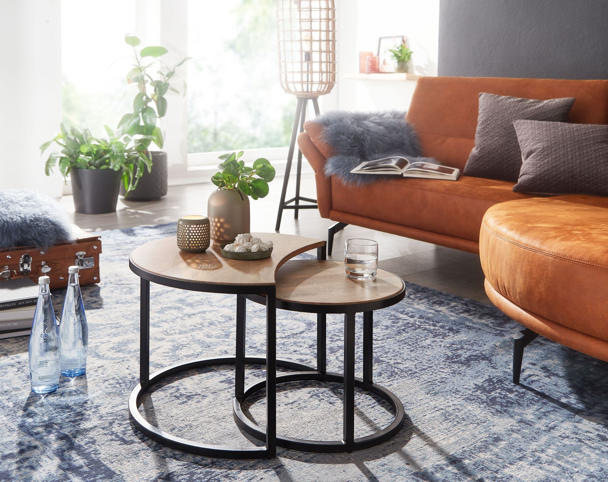 FineBuy Couchtisch Massivholz Wohnzimmertisch 2 teilig Rund Beistelltisch Set – Ansicht 2