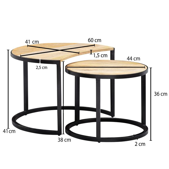 FineBuy Couchtisch Massivholz Wohnzimmertisch 2 teilig Rund Beistelltisch Set – Maßzeichnung