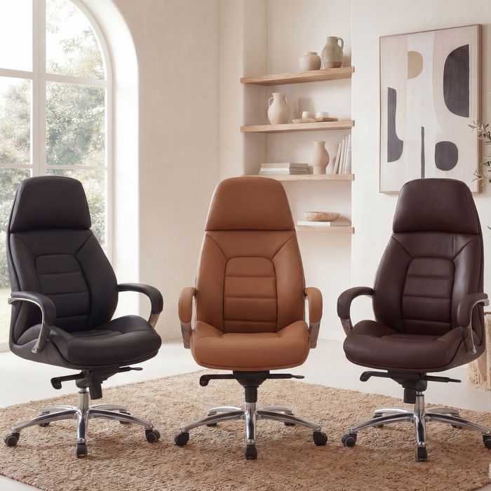 FineBuy Designer Bürostuhl Bezug Echtleder Schreibtischstuhl bis 120 kg, XXL Design Chefsessel höhenverstellbar, Drehstuhl ergonomisch mit Armlehnen & hoher Rückenlehne, Wippfunktion