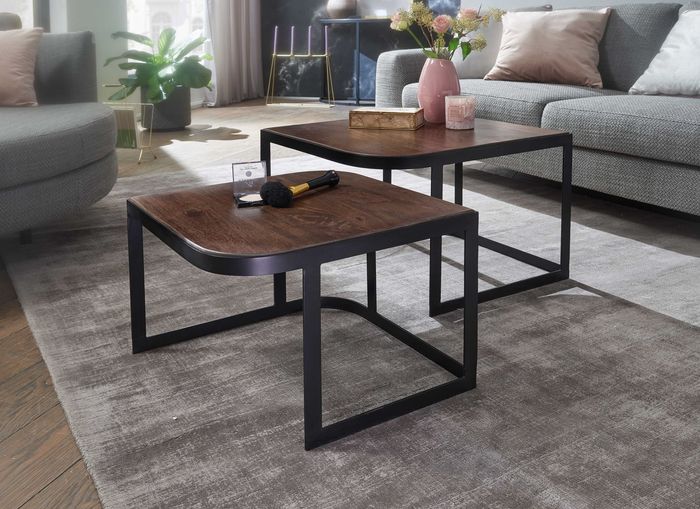 FineBuy Couchtisch 2er Set Mango Massivholz / Metall Wohnzimmertisch Braun, Industrial Satztisch Beistelltisch Metallbeine Schwarz, Tischset 2-teilig Satztisch Holz