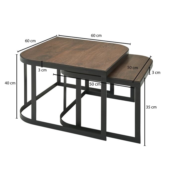 FineBuy Couchtisch Massivholz Wohnzimmertisch 2er Set Beistelltisch Satztisch – Maßzeichnung