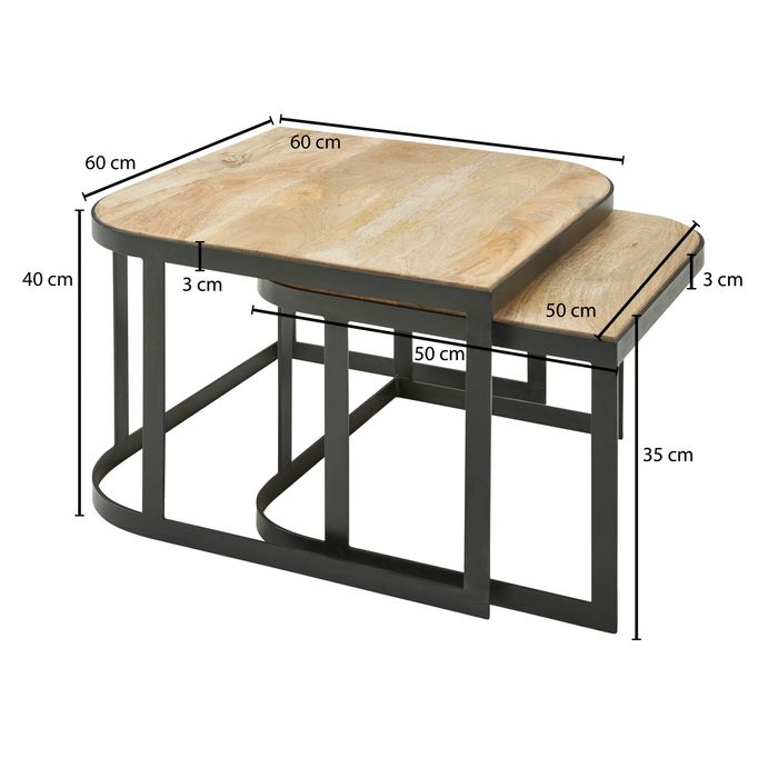FineBuy Couchtisch Massivholz Wohnzimmertisch 2er Set Beistelltisch Satztisch – Maßzeichnung
