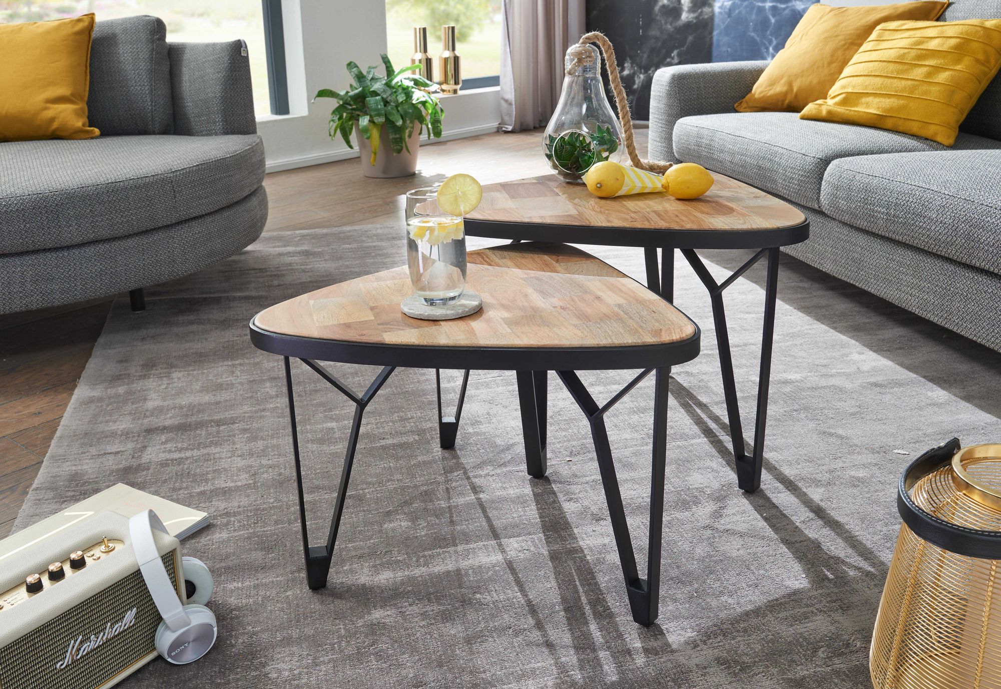 FineBuy Couchtisch Massivholz Metall Wohnzimmertisch 2er Set Satztisch Tisch – Ansicht 2