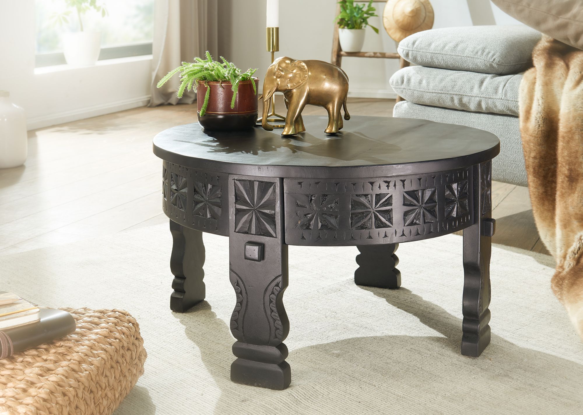 Couchtisch Mango Massivholz rund Wohnzimmertisch orientalischer Boho Design – Ansicht 2