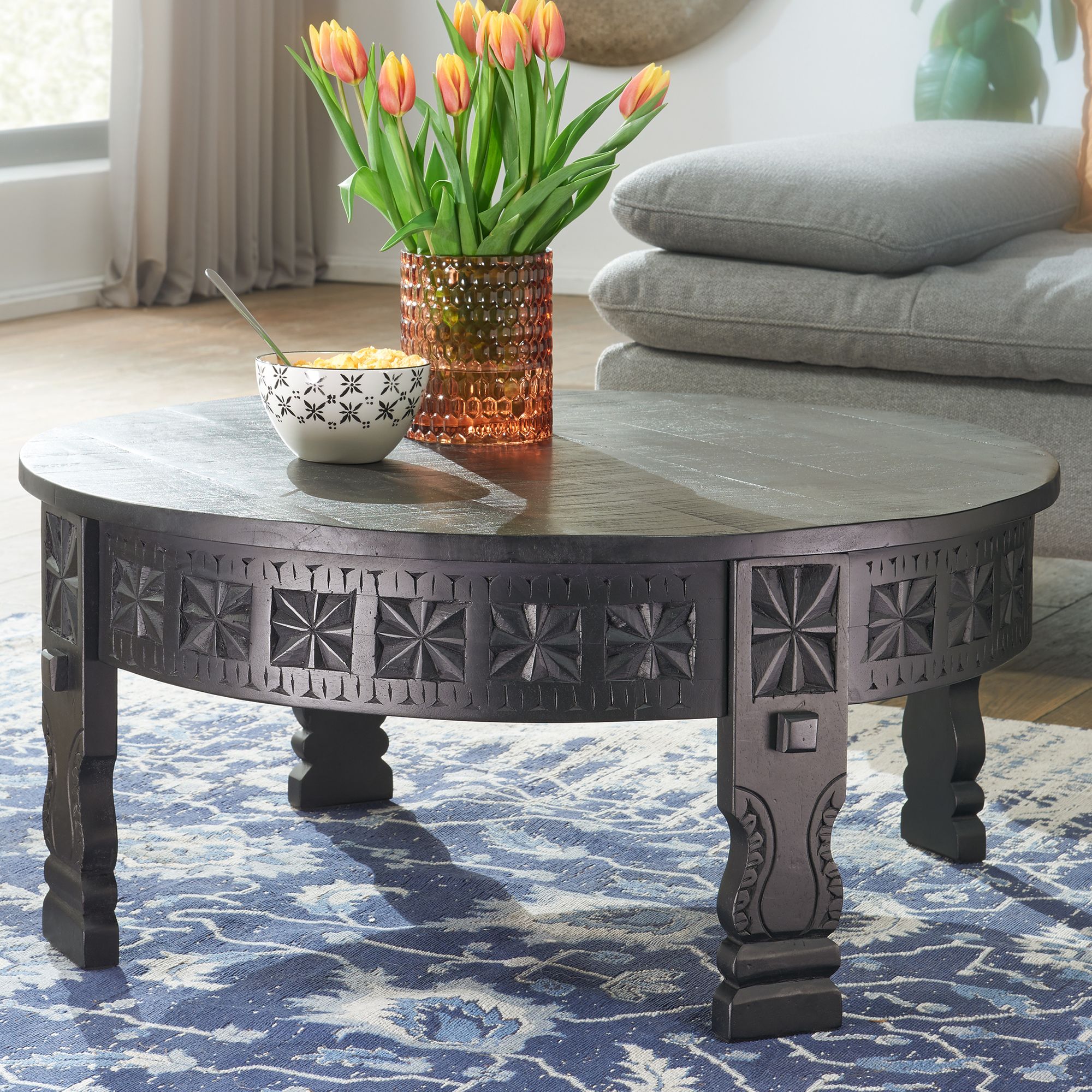 Couchtisch Mango Massivholz rund Wohnzimmertisch orientalischer Boho Design – Ansicht 1