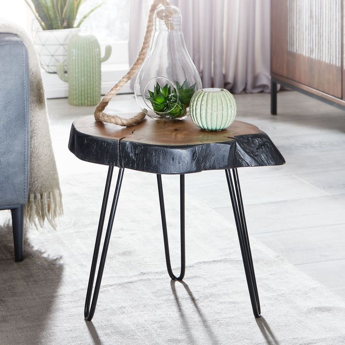 FineBuy Beistelltisch Akazie Massivholz / Metall Industrial 40x40x32cm Baumkante, Wohnzimmertisch Sofatisch Massiv Haarnadelbeine, Kleiner Anstelltisch Tisch Wohnzimmer 4251757704413