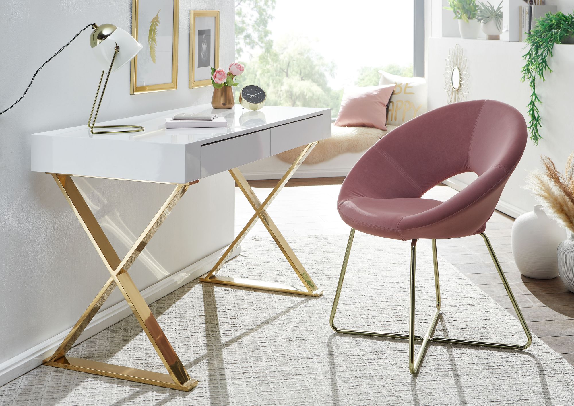 FineBuy Schreibtisch Hochglanz Weiß Gold 118 cm Holz Computertisch Tisch Büro – Ansicht 2