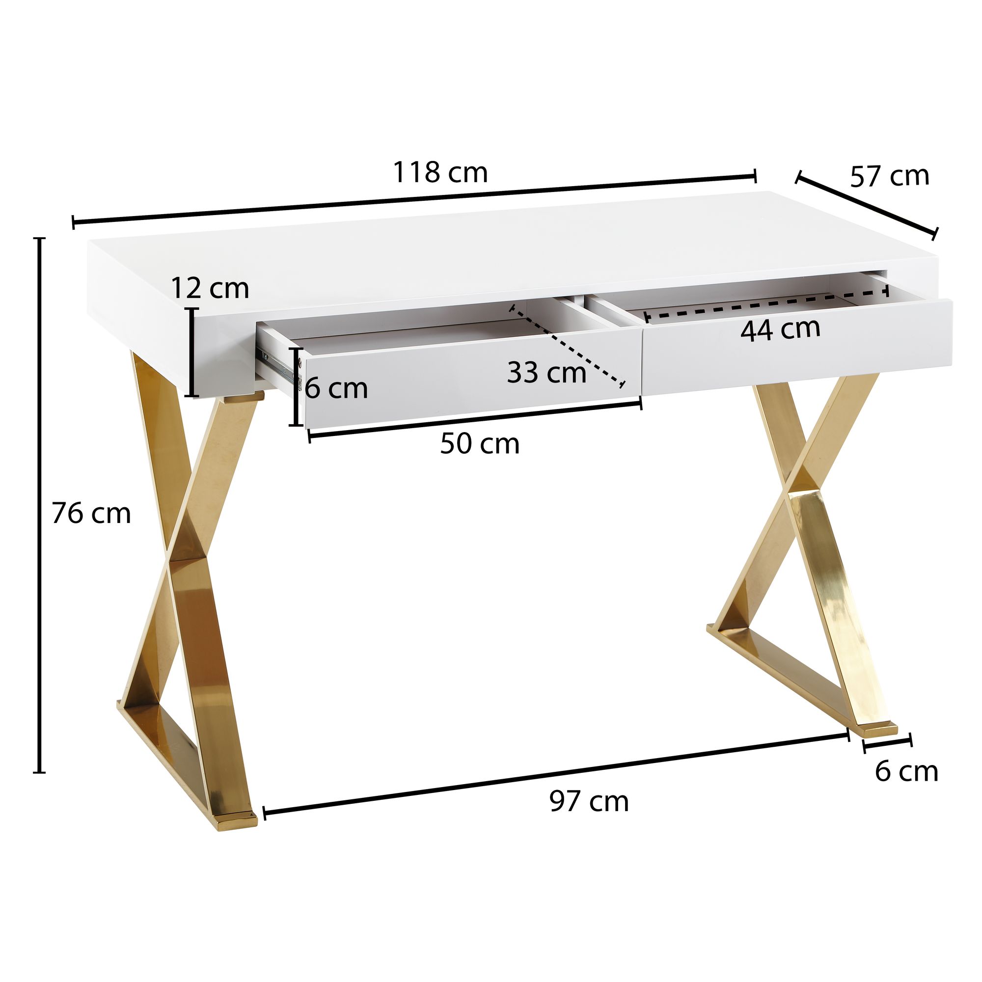 FineBuy Schreibtisch Hochglanz Weiß Gold 118 cm Holz Computertisch Tisch Büro – Ansicht 3