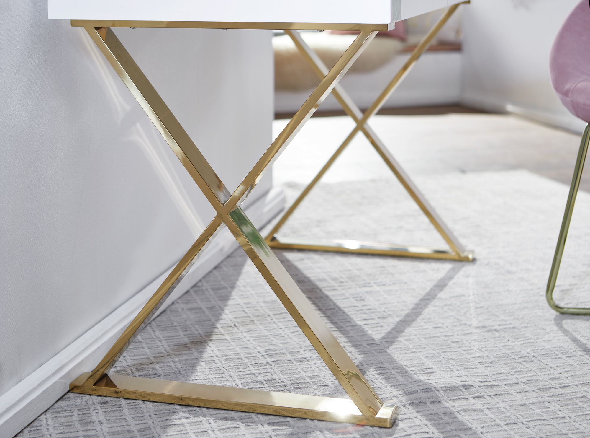 FineBuy Schreibtisch Hochglanz Weiß Gold 118 cm Holz Computertisch Tisch Büro – Ansicht 5