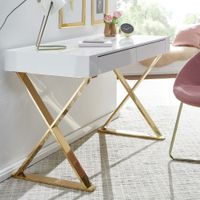 FineBuy Schreibtisch Hochglanz Weiß Gold 118 cm Holz Computertisch Tisch Büro – Ansicht 1