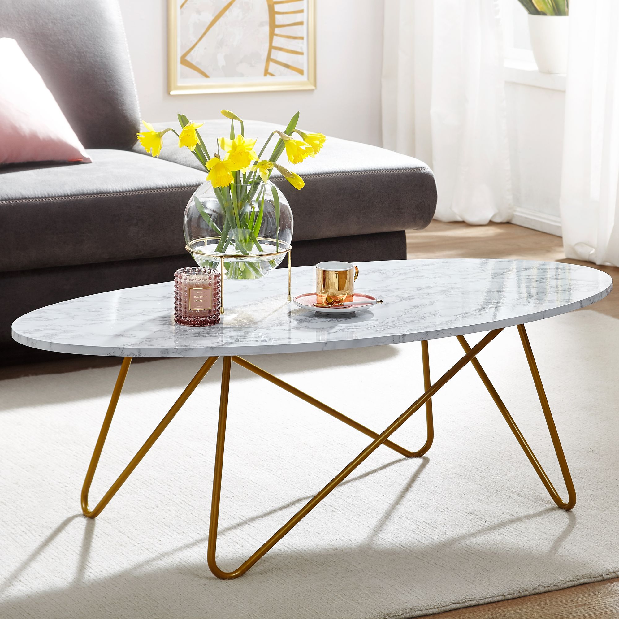 FineBuy Couchtisch Marmor Optik Weiß 120 cm Wohnzimmertisch Oval Tisch Sofatisch – Ansicht 1