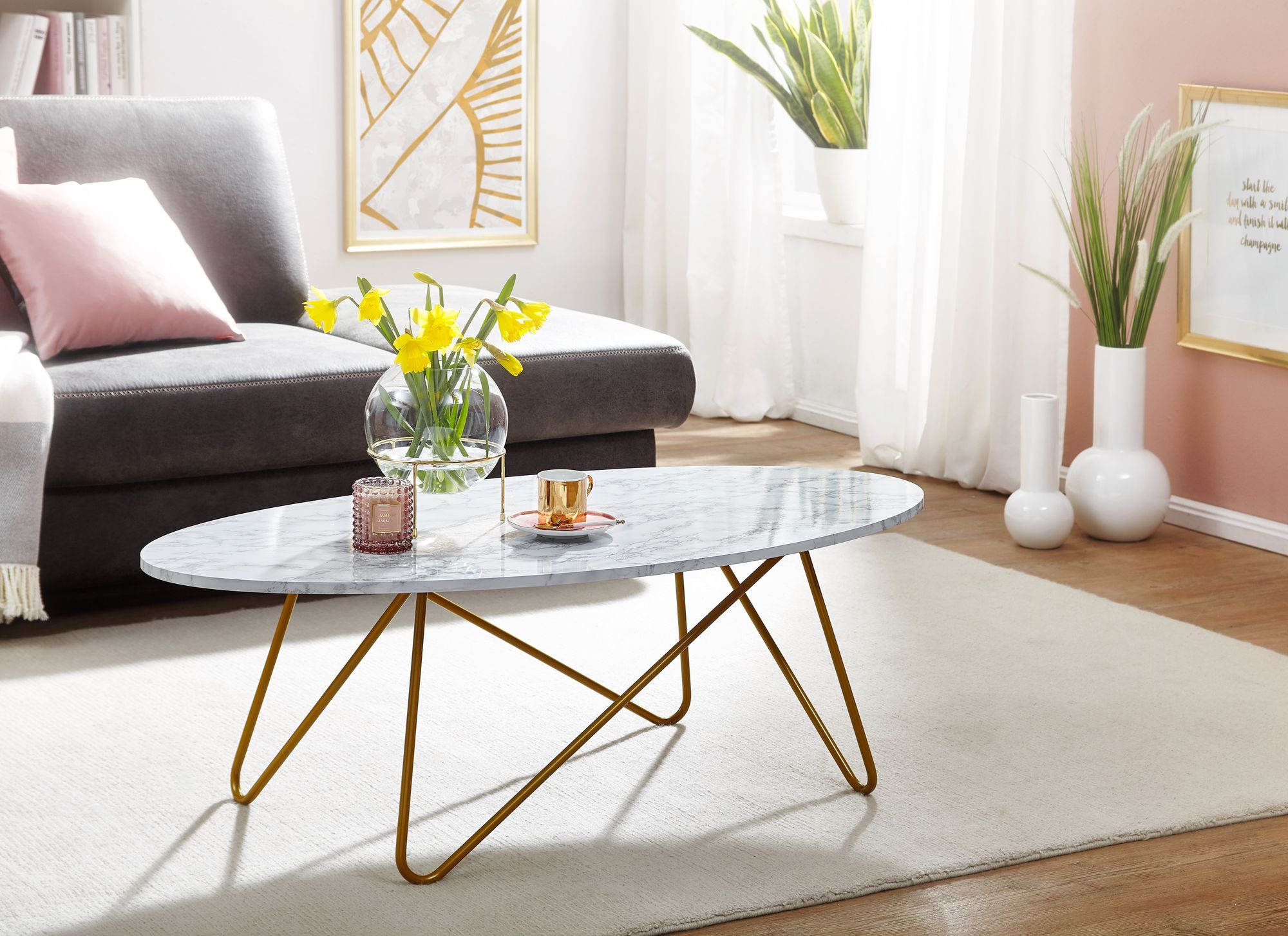 FineBuy Couchtisch Marmor Optik Weiß 120 cm Wohnzimmertisch Oval Tisch Sofatisch – Ansicht 2