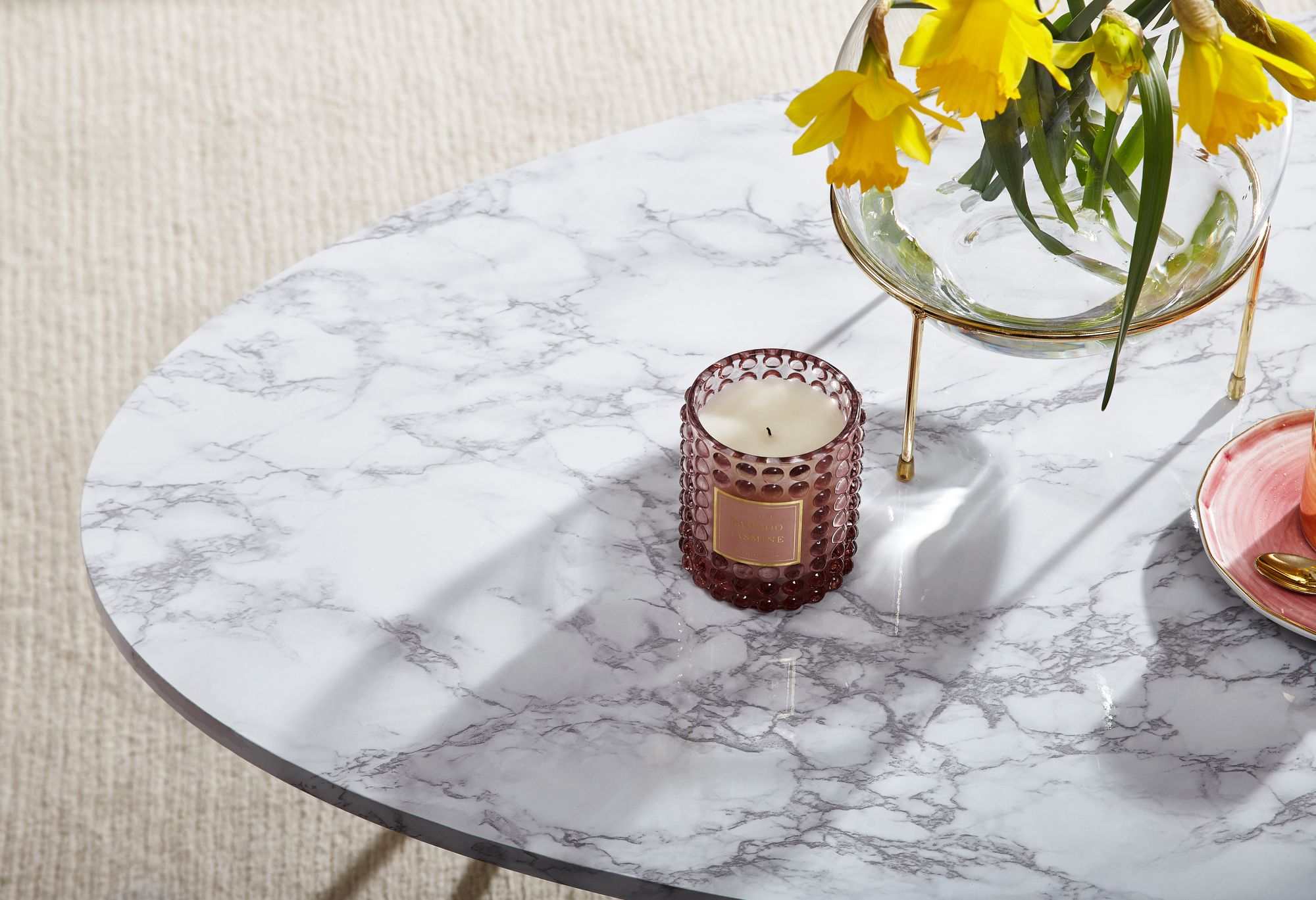 FineBuy Couchtisch Marmor Optik Weiß 120 cm Wohnzimmertisch Oval Tisch Sofatisch – Ansicht 4