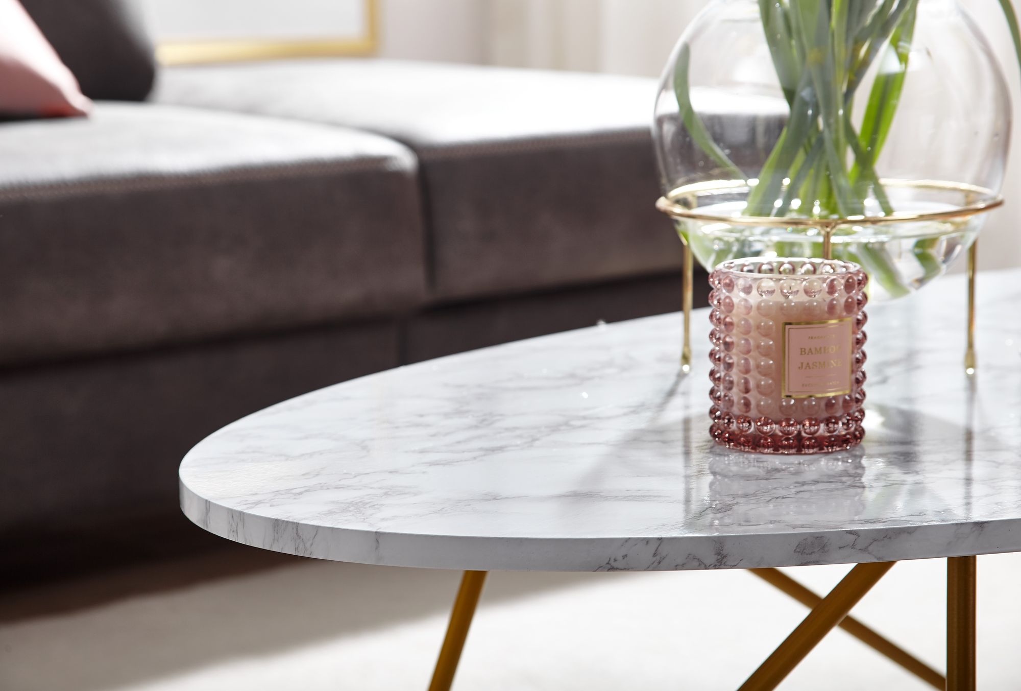 FineBuy Couchtisch Marmor Optik Weiß 120 cm Wohnzimmertisch Oval Tisch Sofatisch – Ansicht 5