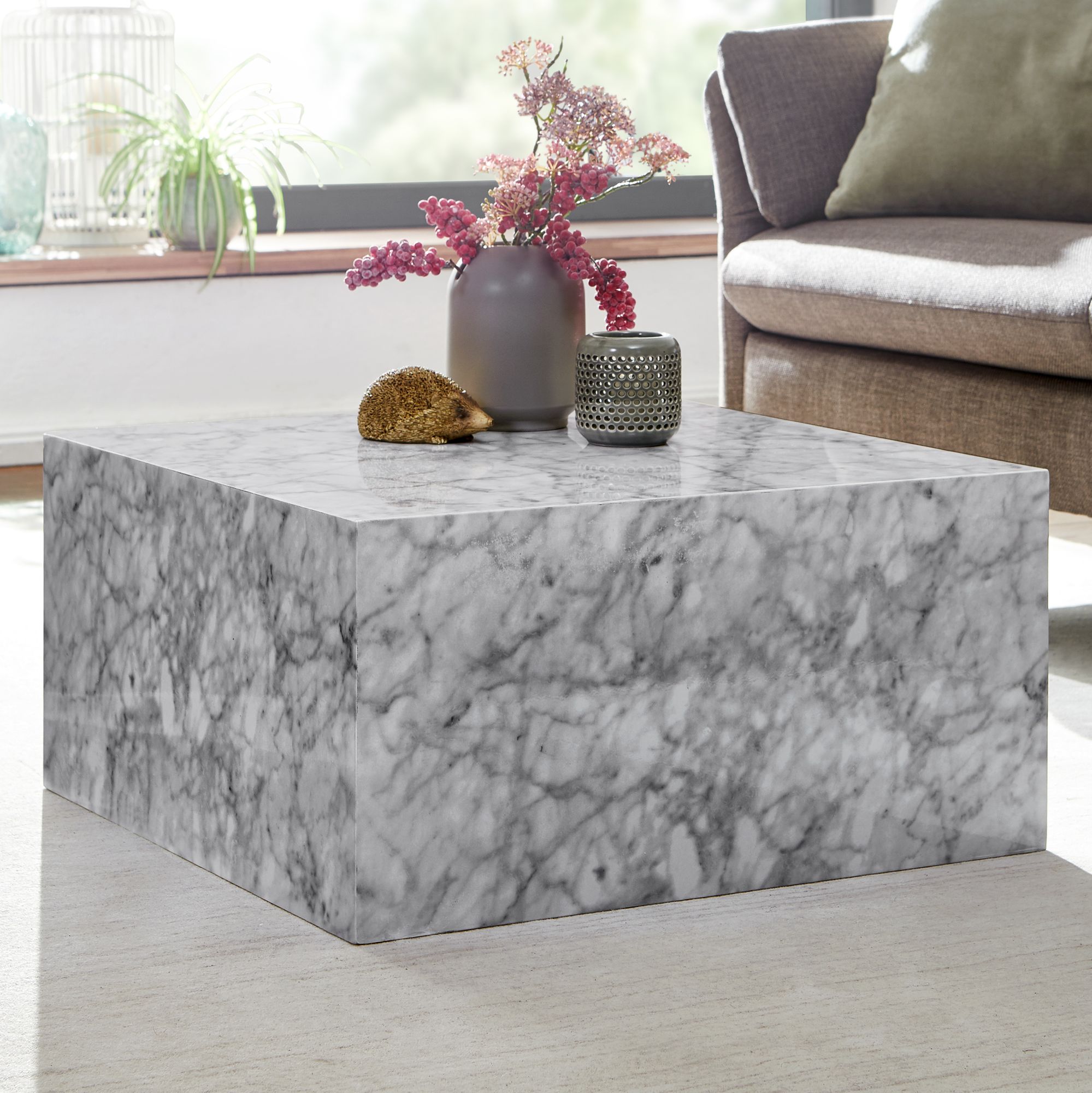 FineBuy Couchtisch MONOBLOC Weiß Marmor Optik 60 cm Wohnzimmertisch Sofatisch – Ansicht 1
