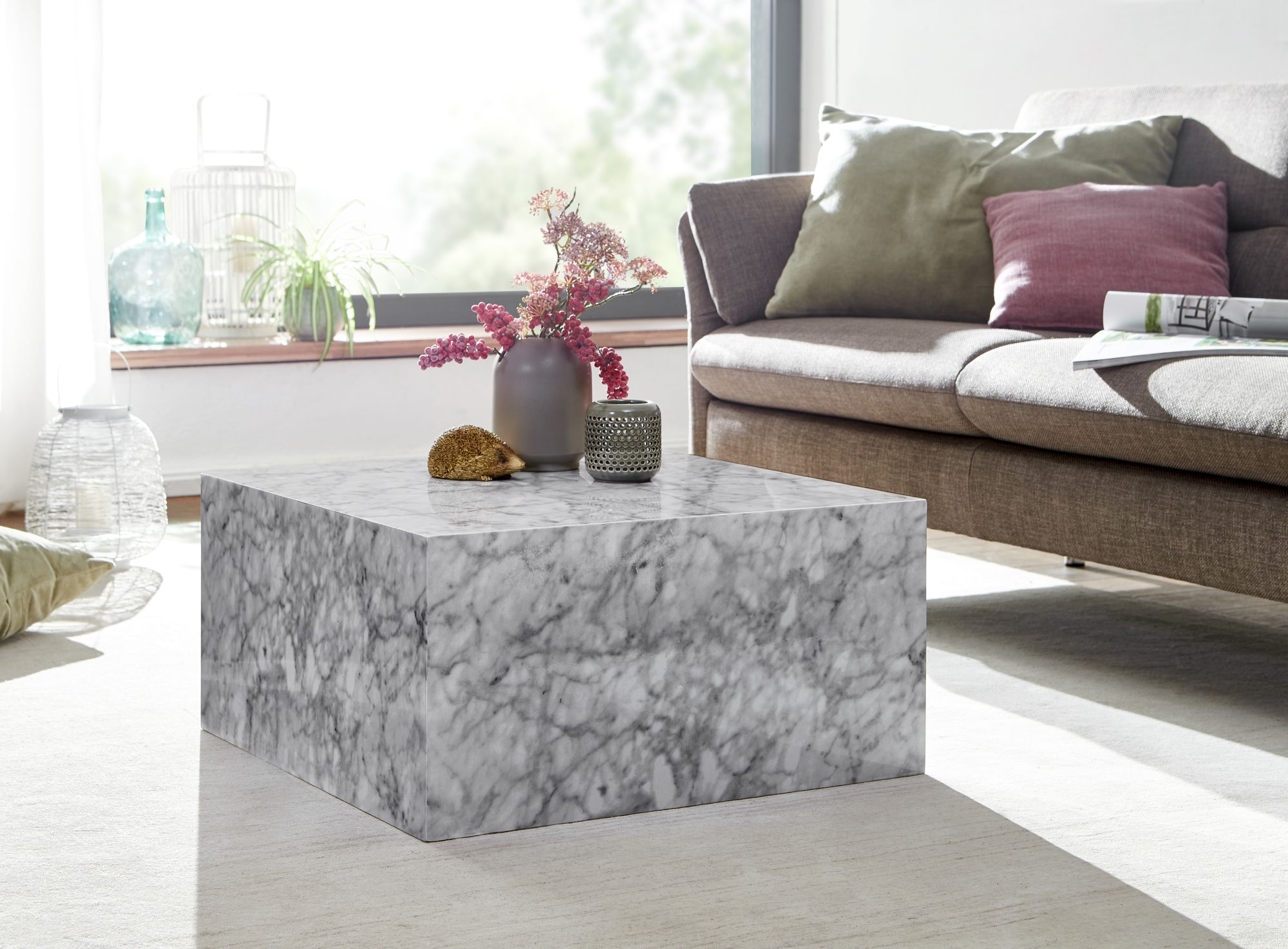 FineBuy Couchtisch MONOBLOC Weiß Marmor Optik 60 cm Wohnzimmertisch Sofatisch – Ansicht 2