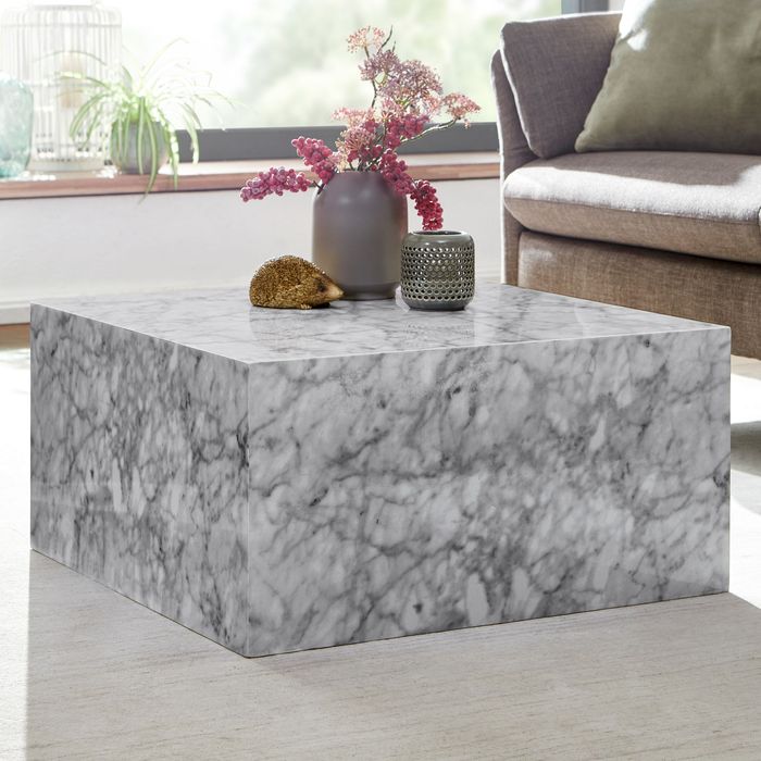 FineBuy Couchtisch MONOBLOC 60x30x60 cm Hochglanz mit Marmor Optik Weiß, Design Wohnzimmertisch Cube Quadratisch, Lounge Beistelltisch Würfel Form 4251757704482