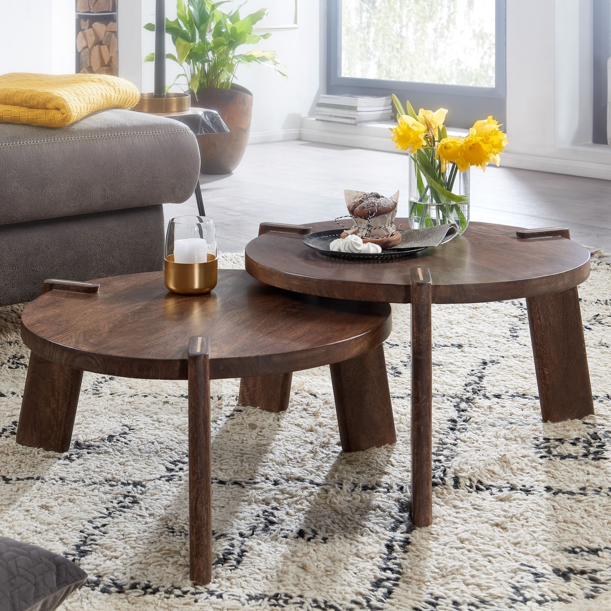 FineBuy Couchtisch Set Rund Holz Massiv Wohnzimmertisch 2 teilig Beistelltisch
