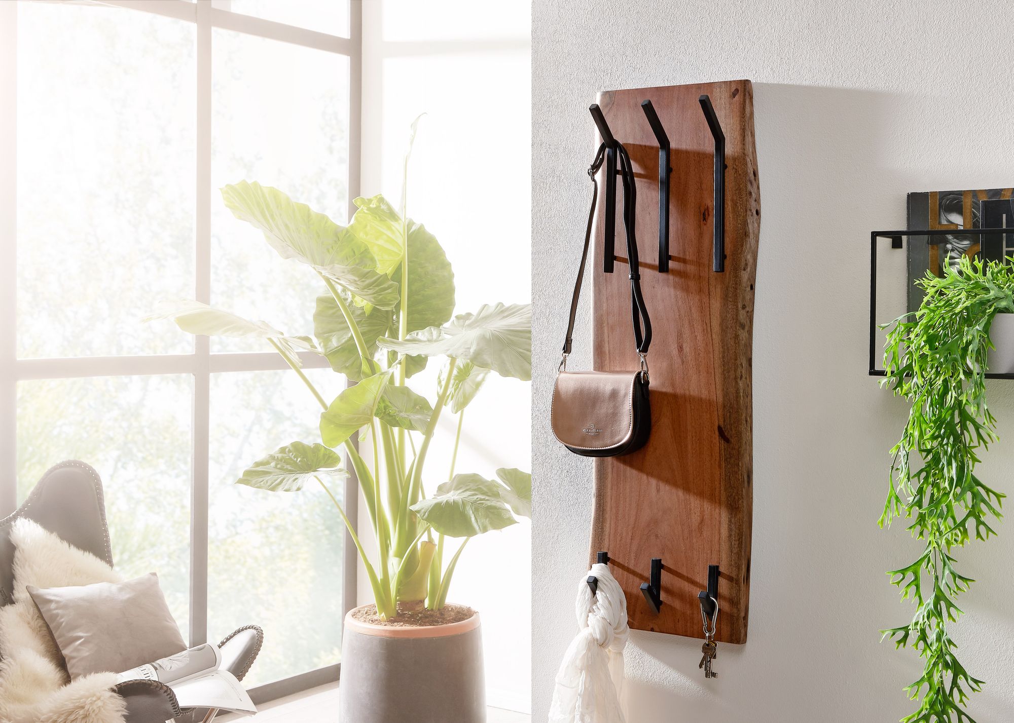 FineBuy Wandgarderobe Holz Metall 100 cm Garderobe Flur Hakenleiste Massivholz – Ansicht 2