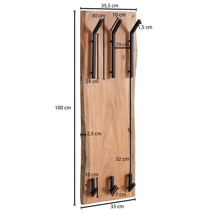 FineBuy Wandgarderobe Holz Metall 100 cm Garderobe Flur Hakenleiste Massivholz – Maßzeichnung