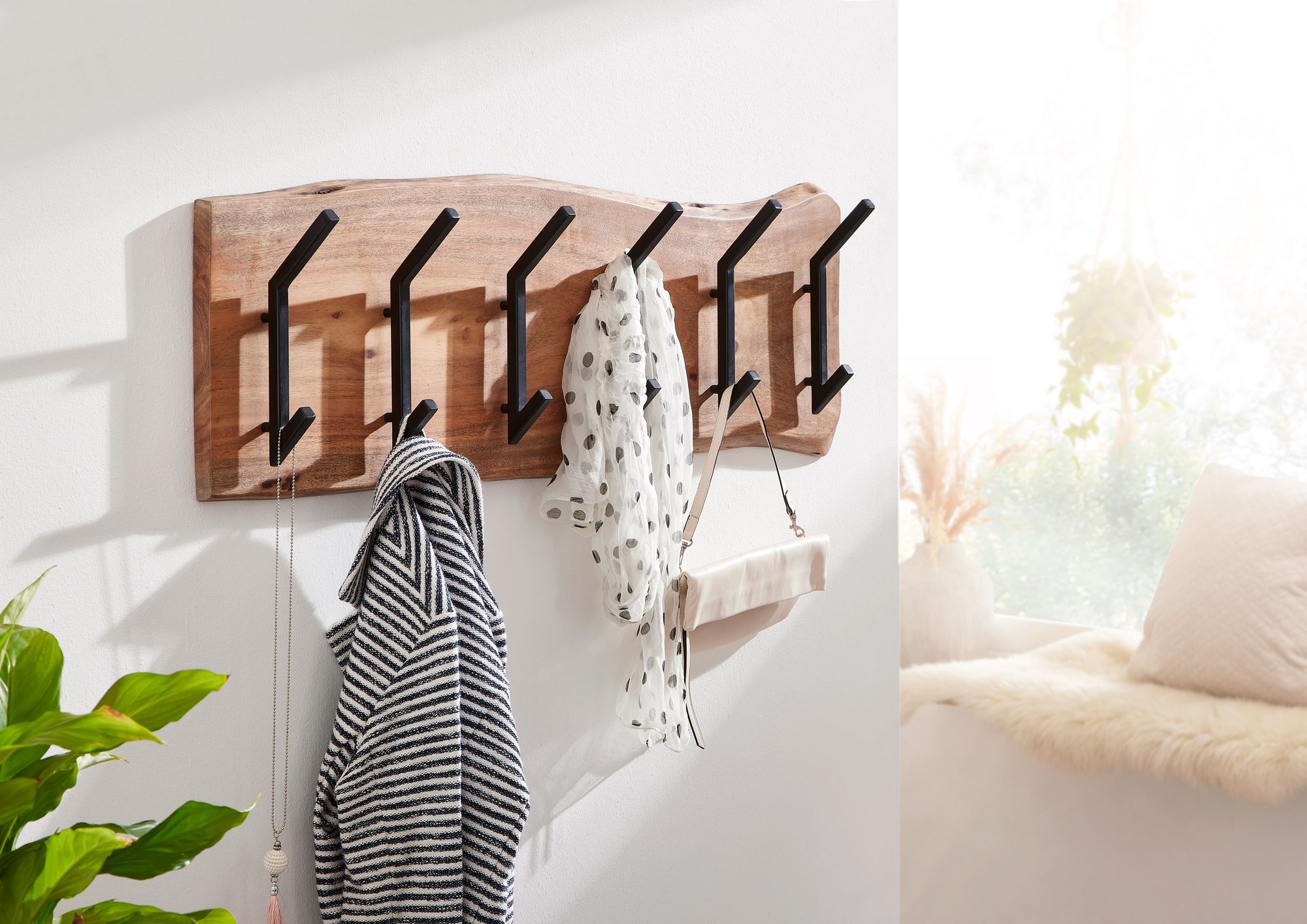 FineBuy Wandgarderobe Holz Metall 100 cm Garderobe Flur Hakenleiste Massivholz – Ansicht 2
