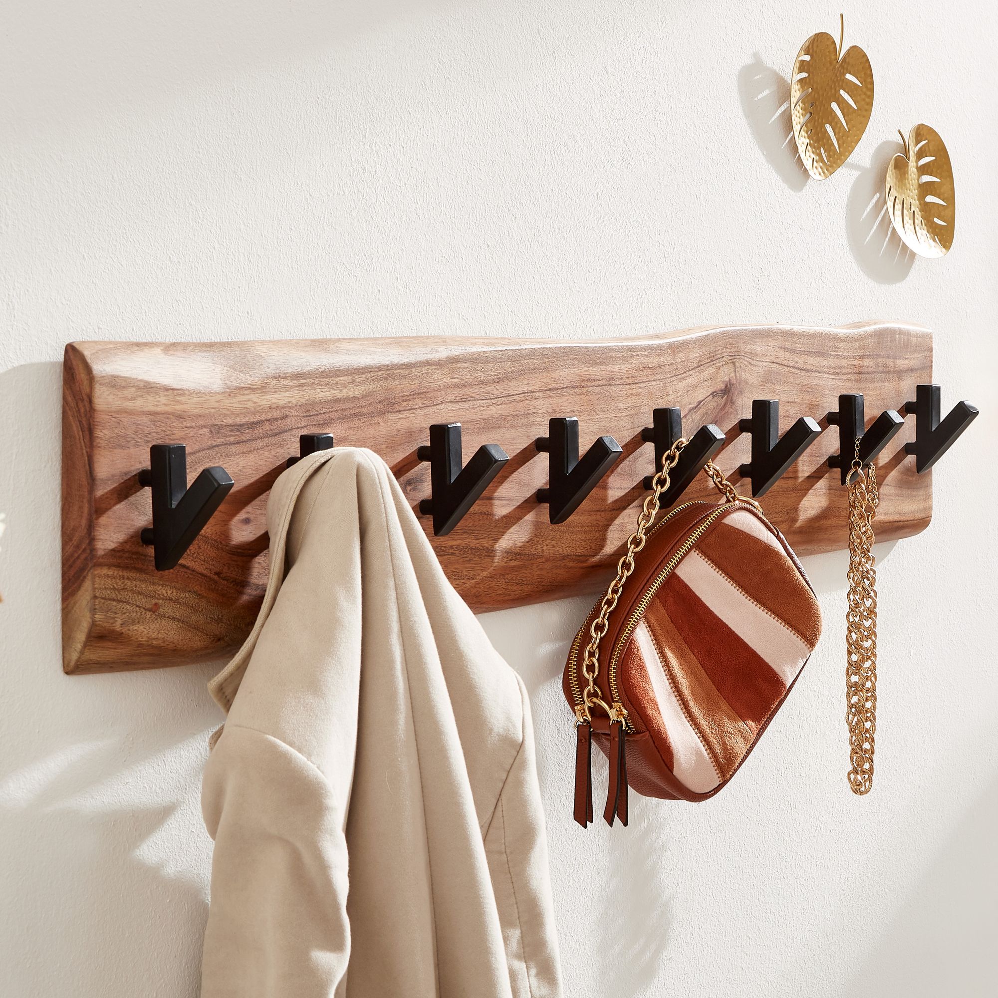 FineBuy Wandgarderobe Holz Metall Garderobe Flur Hakenleiste Massivholz Paneel – Ansicht 1