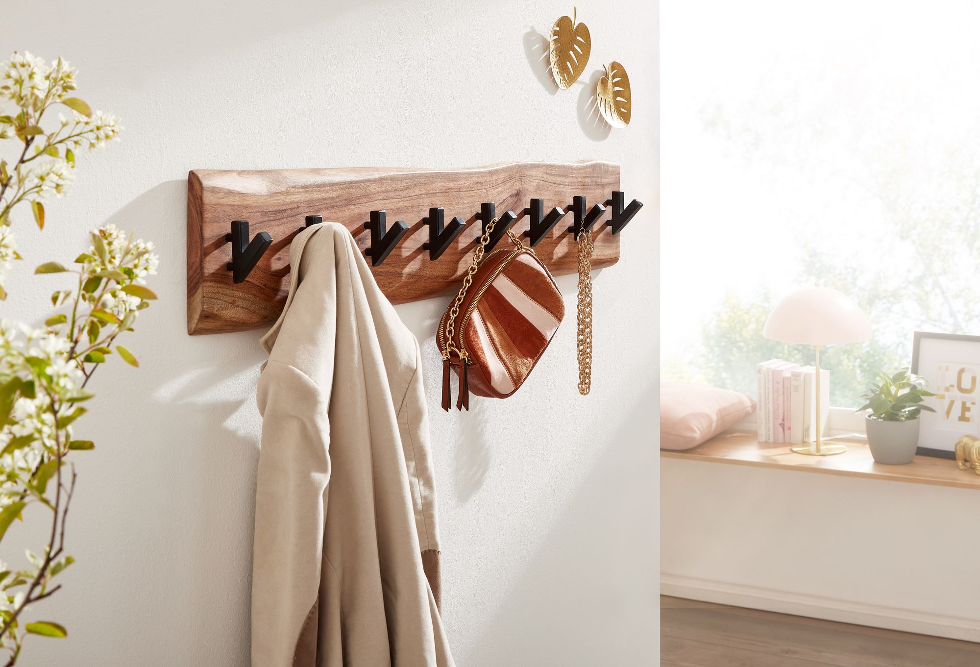 FineBuy Wandgarderobe Holz Metall Garderobe Flur Hakenleiste Massivholz Paneel – Ansicht 2