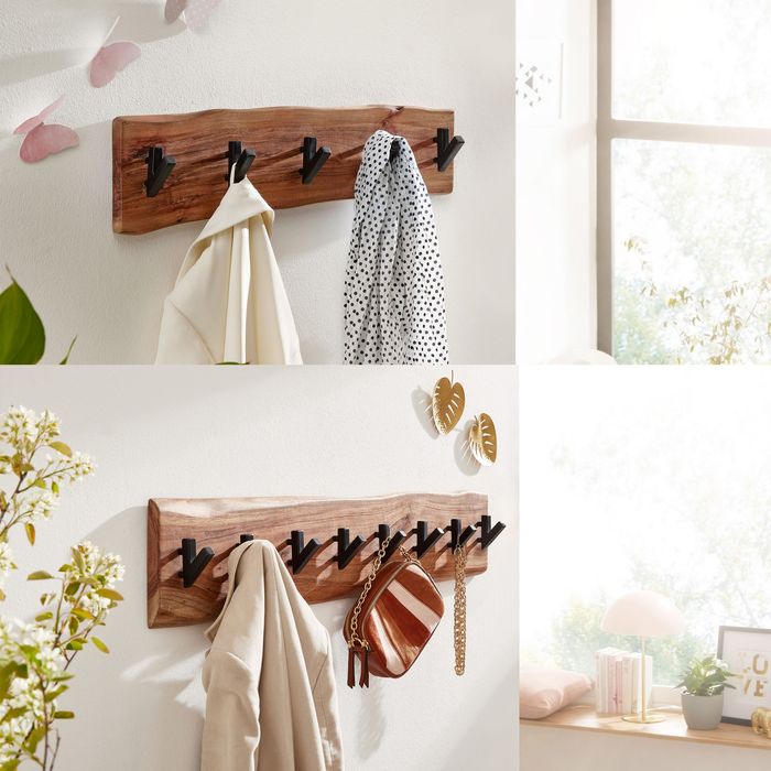 FineBuy Design Wandgarderobe Akazie Massivholz / Metall, Hakenleiste Flurgarderobe Wand, Garderobe Holz