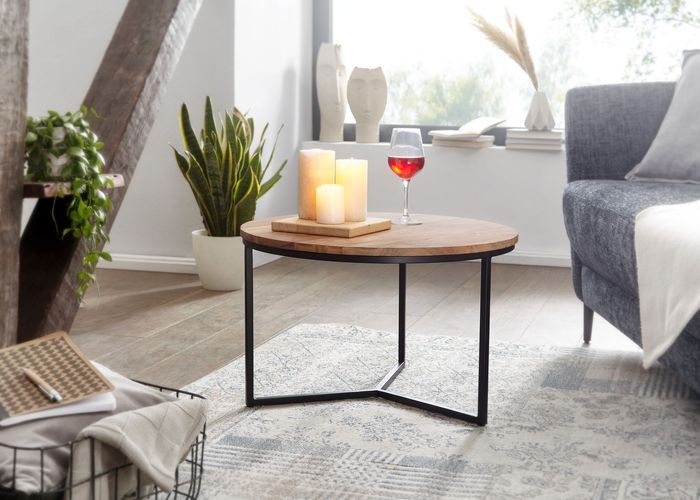 FineBuy Couchtisch 60x60x38 cm Akazie Massivholz / Metall Design Sofatisch Rund, Wohnzimmertisch Kaffeetisch Massiv, Kleiner Tisch Wohnzimmer