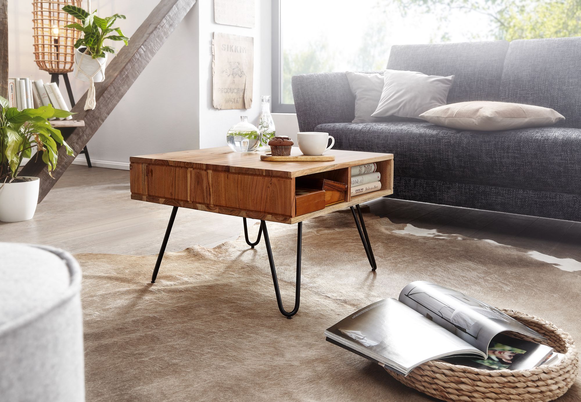 FineBuy Couchtisch quadratisch 60cm Akazie Massivholz Wohnzimmertisch mit Ablage – Ansicht 2
